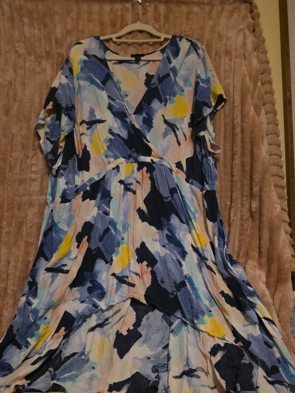 Women’s Abstract Floral Wrap High-low blouse in Blue and Yellow -
